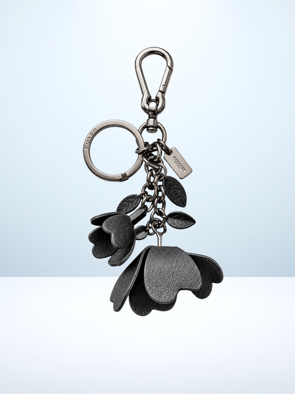Coach HTF Tea Rose Bag Charms - Black/Gunmetal/Leather